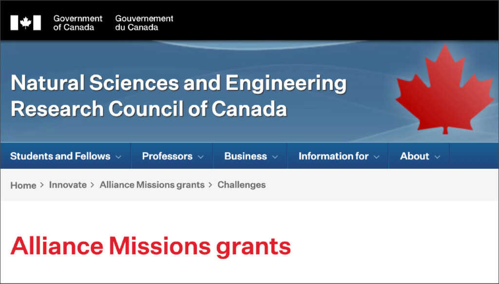 Natural Sciences and Engineering Research Council of Canada Alliance Mission grants webpage